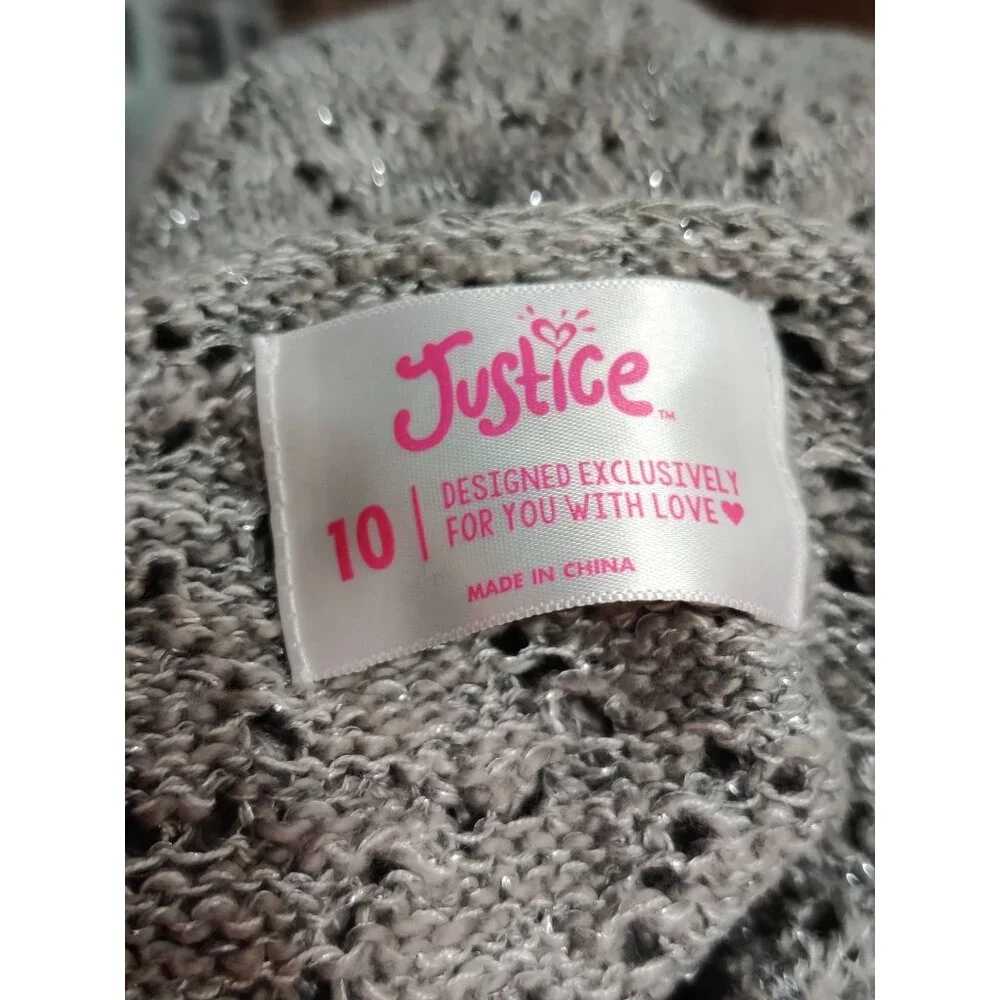 Justice 10 Girls Gray Knit Sweater Lace Hem Shimmer Open Stitch Long Sleeve Kids